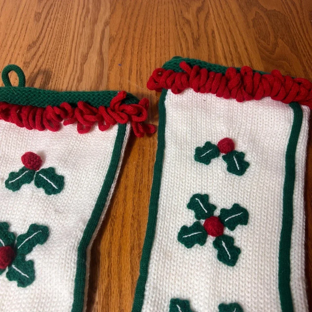 Vtg Hand Knit Christmas Stockings Set of 2 White Knit Holly Stockings Red holly
